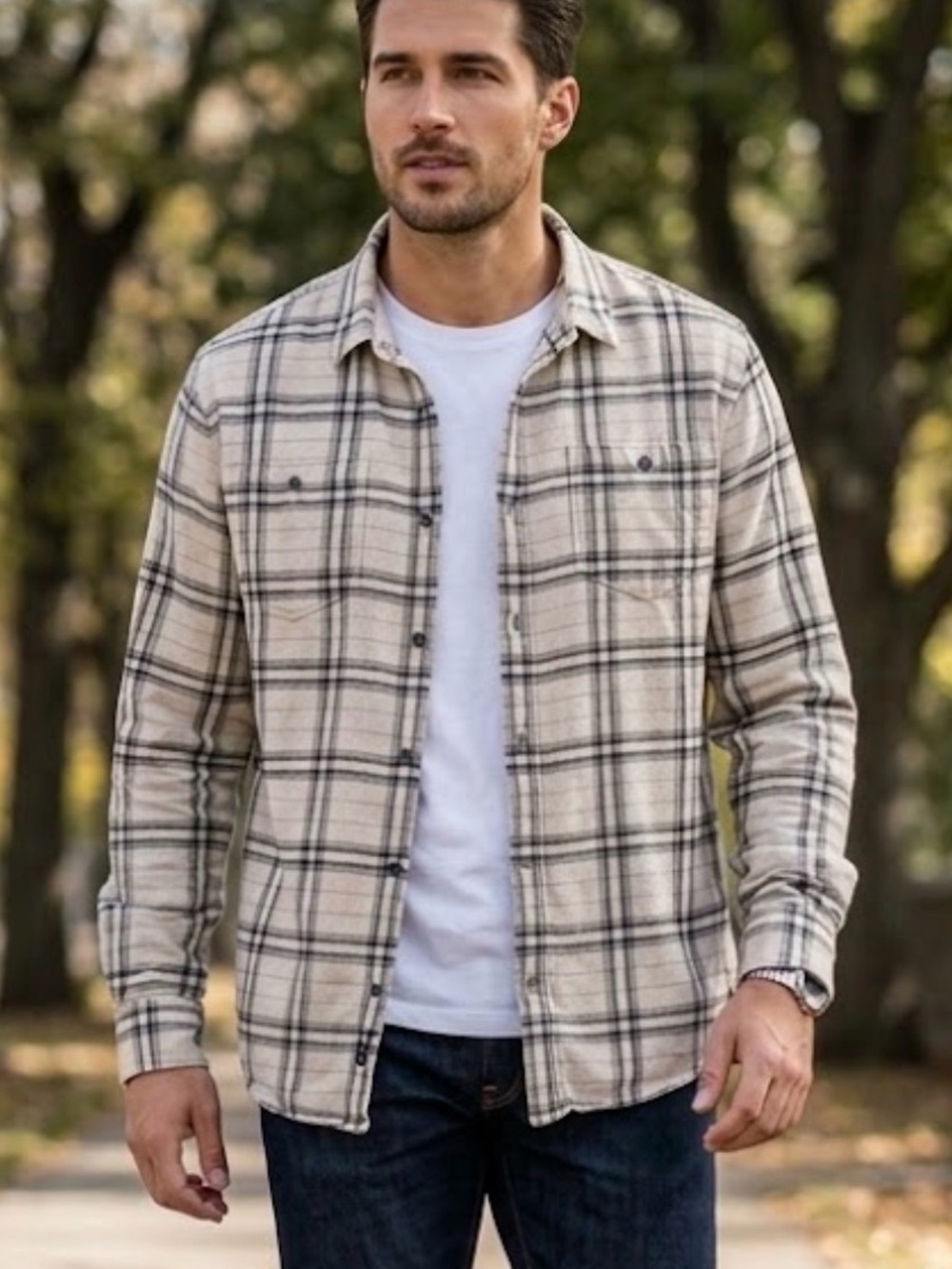 Prana Dolberg Flannel Mens XL Beige Tartan Organic Long Sleeve Button Up Shirt